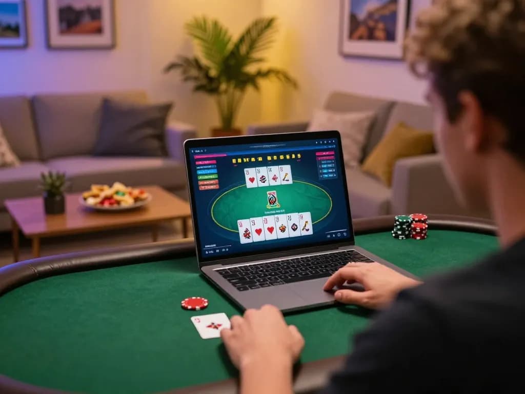ga28 player strategizing poker bets on laptop in cozy home setup