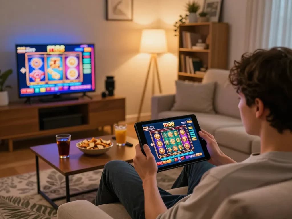 Berinteraksi dengan kasino online m88 Indonesia di tablet, suasana ruang tamu yang nyaman meningkatkan pengalaman bermain game.