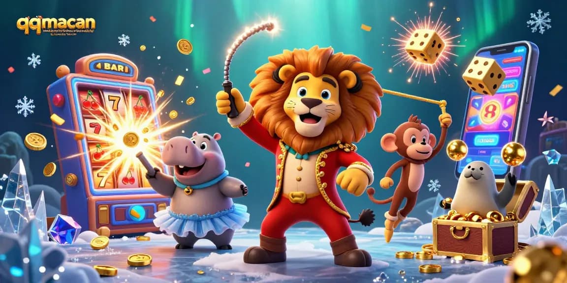 Spin the reels on qqmacan situs resmi toto slot gacor online terpercaya hari ini with thrilling circus-themed characters and vibrant casino elements.