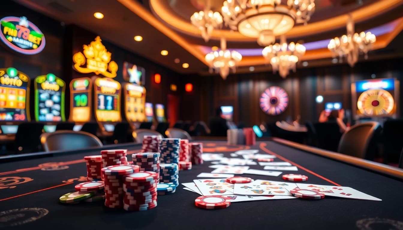 Engaging scene showcasing a vibrant casino table at nhà cái 789bet, complete with poker chips, cards, and casino decor.