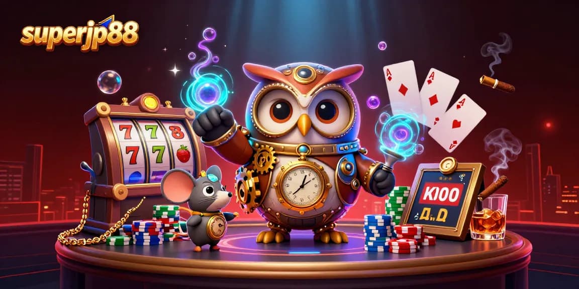 Experience superjp88 in a vibrant casino scene with a time-traveler owl and dynamic slot reels.
