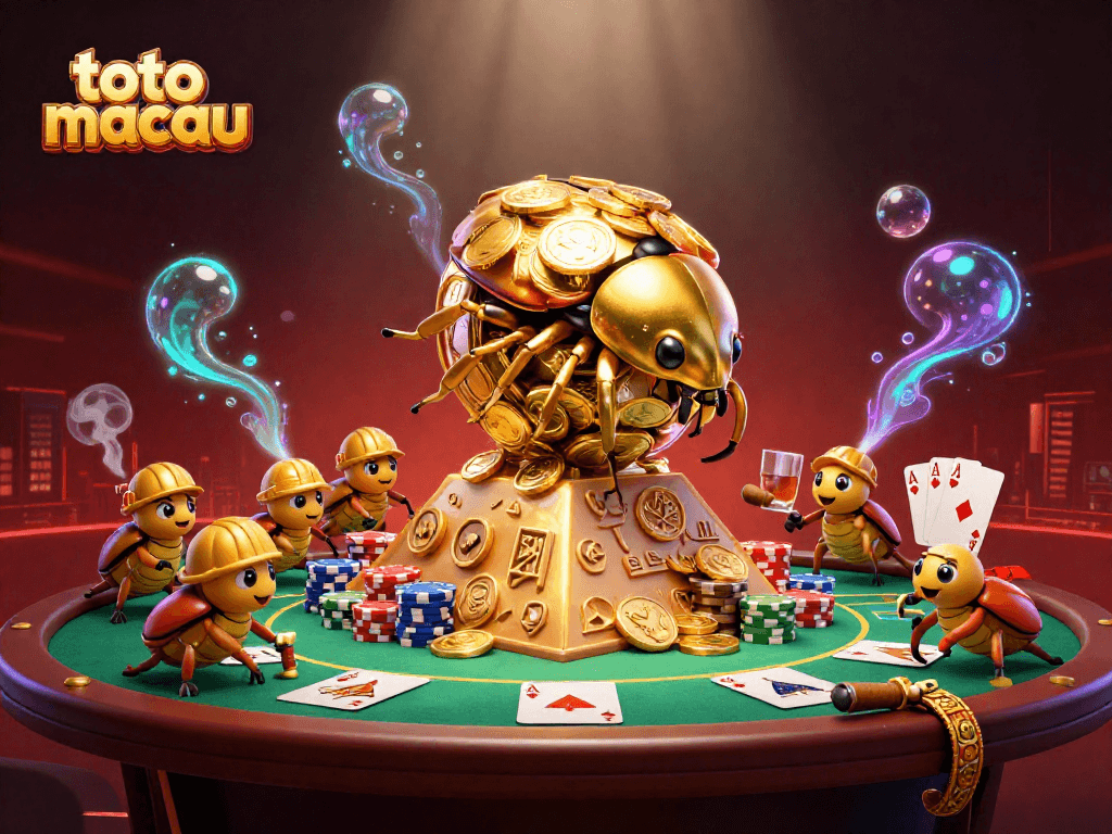Menggulingkan koin emas dengan "toto macau" di dalam ilustrasi kasino yang megah.