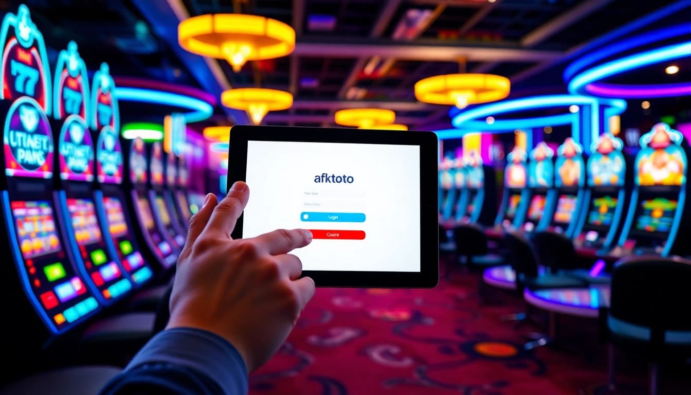 Engage with afktoto login interface, set against a lively casino backdrop, enhancing user experience.