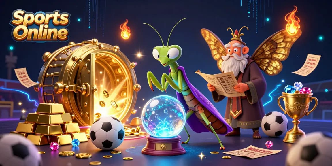 Engage with Sports Online betting featuring vibrant characters amid sports elements and golden treasures.