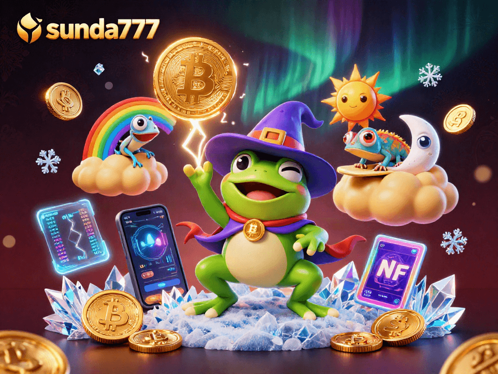 Gambarkan sunda777 dengan koin emas dan makhluk magis di kasino virtual.