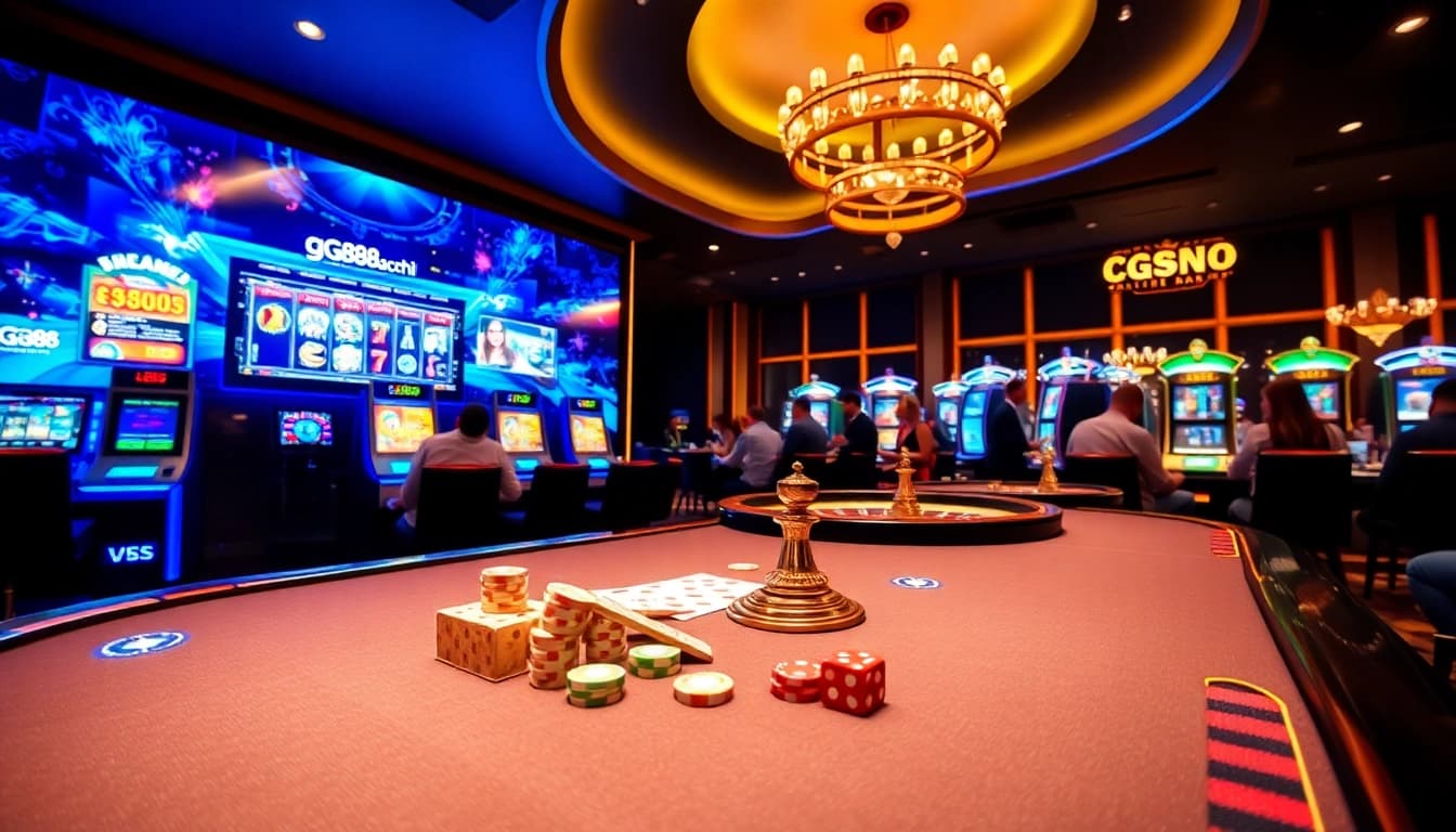 Engaging scene of gamblers at gg88.archi, showcasing vibrant online casino games with chips and interactive interfaces.