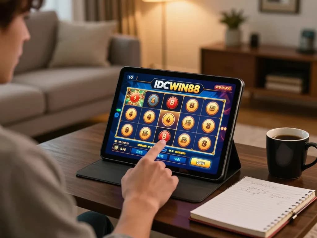 Engaging gameplay at IDCWIN88: Player enjoying an online slot machine in a cozy home setting.