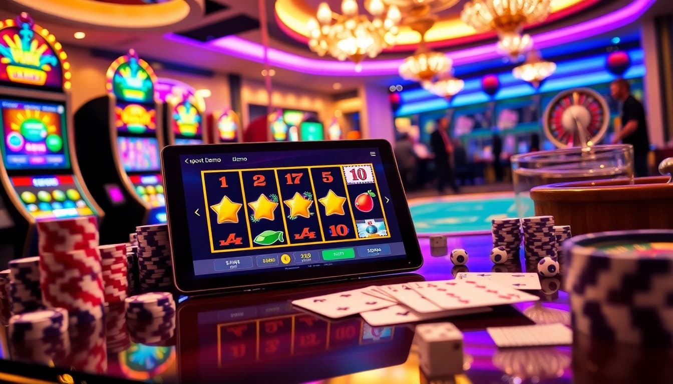 Players engaging with slot demo games on a sleek device at a vibrant casino setting.