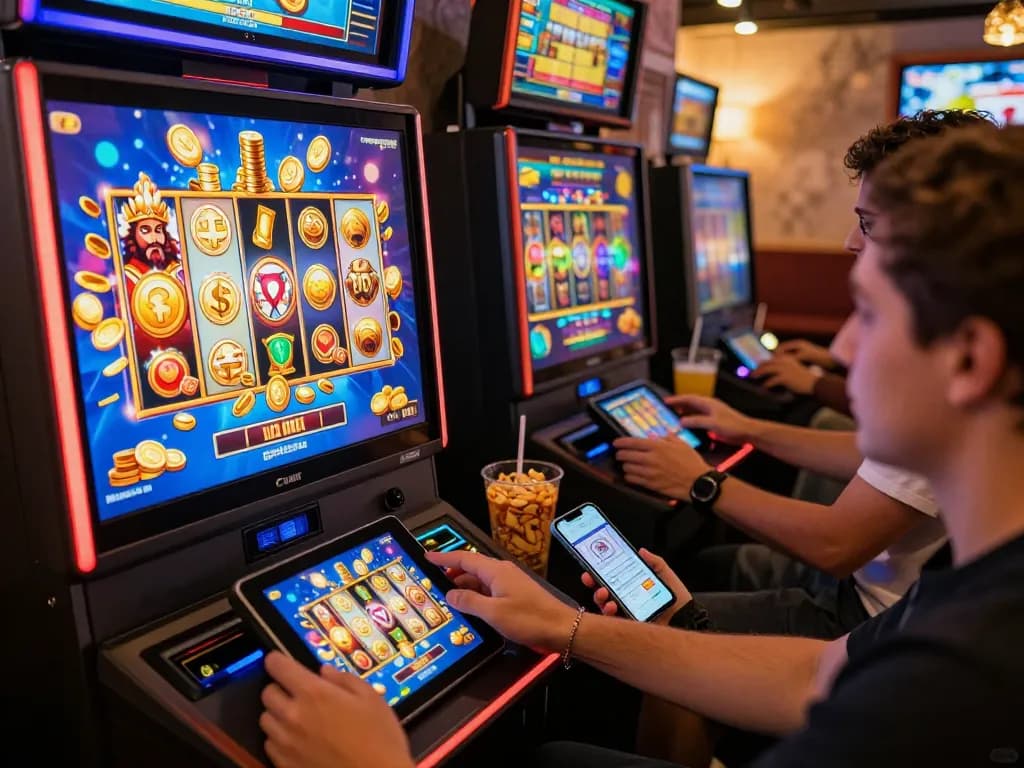 Exciting slot gaming experience with diverse players enjoying digital machines and vibrant visuals.