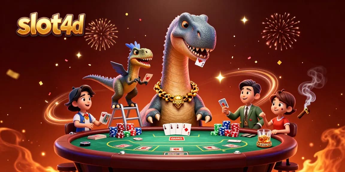 slot4d showcases a vibrant 3D illustration with a brontosaurus at a poker table, capturing casino excitement.