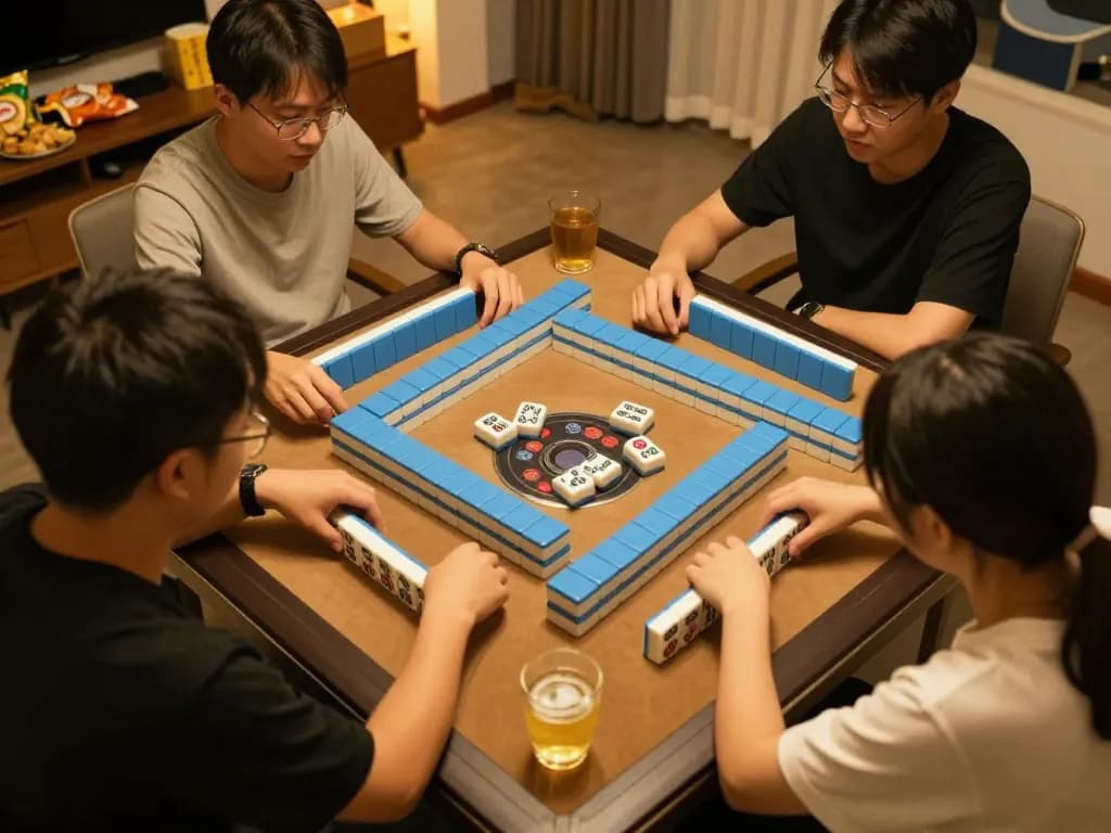 Optimalisasi ritme putaran mahjong ways dalam sesi permainan di rumah yang penuh warna dengan pemain yang terlibat dalam strategi.