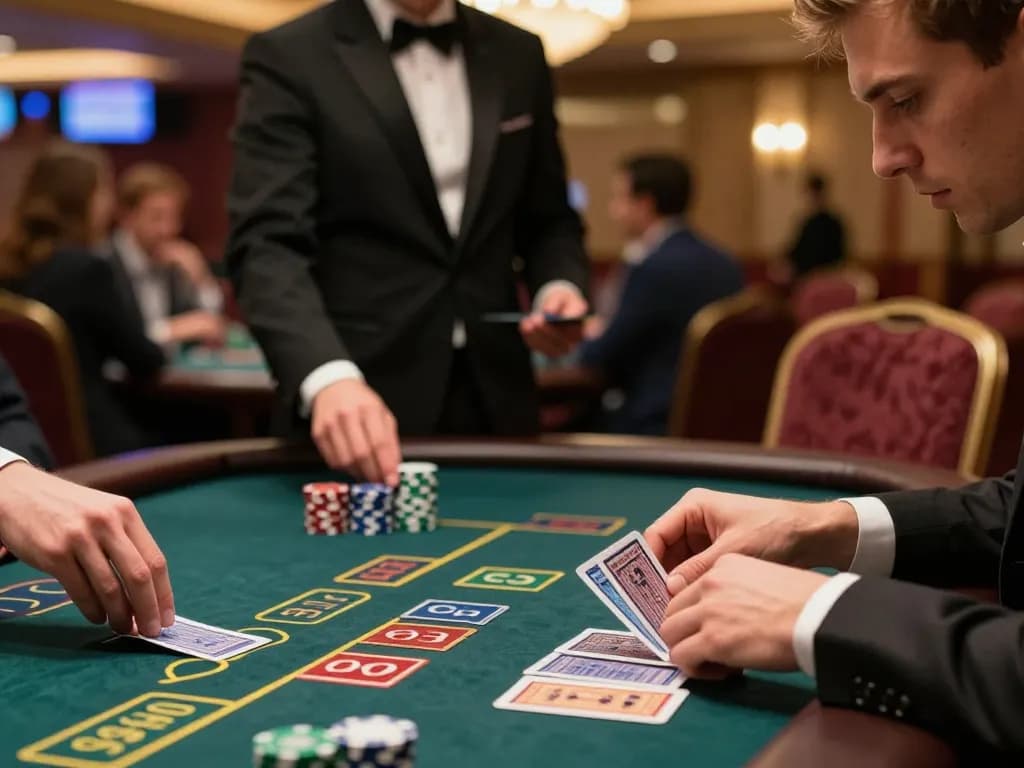 tg88 player calculating odds at blackjack table with chips and dealer, vibrant casino atmosphere