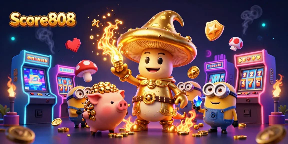 Score808 delivers thrilling gaming experiences with a golden wizard commanding treasures in this vibrant casino scene.