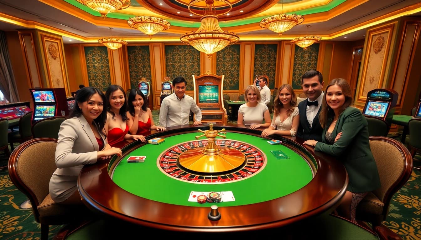 Players enjoy a thrilling game at https://789f.site/ featuring an elegant roulette table surrounded by vibrant casino decor.