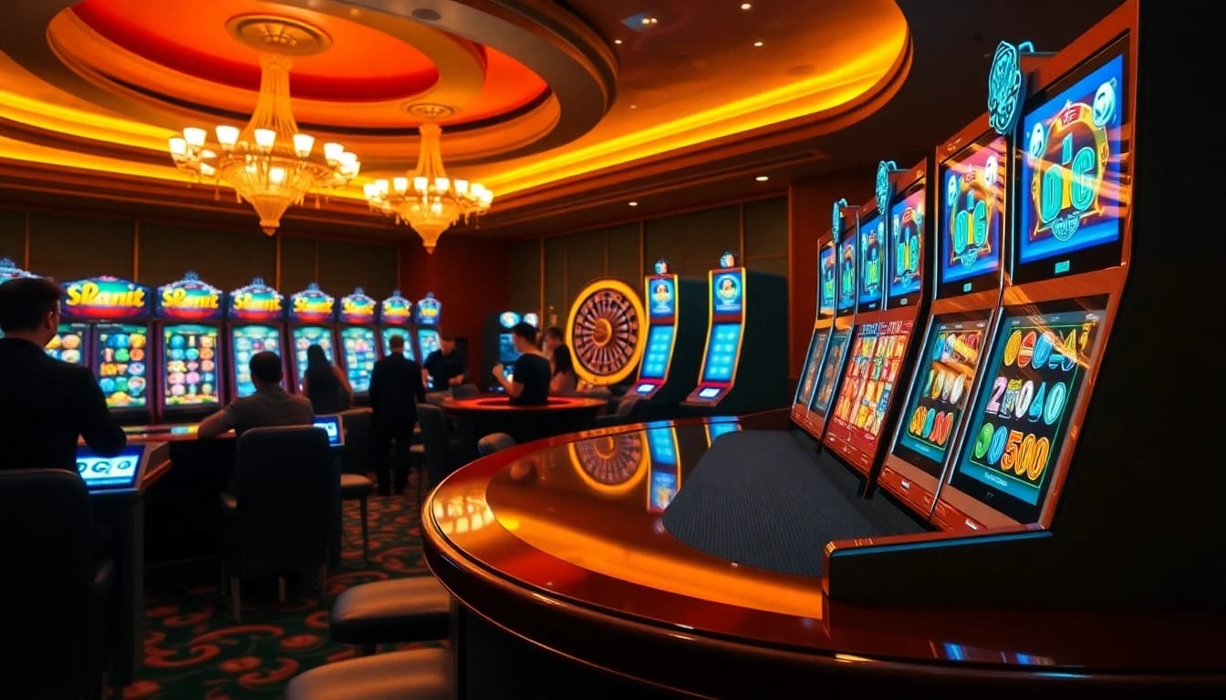Engaging players at an exciting slot online setup with colorful machines and casino ambiance.