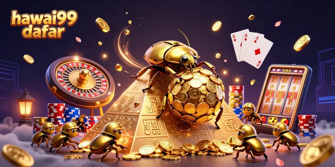 Engaging gameplay at hawai99 daftar with golden coins, beetles, and spinning roulette wheel illustration.