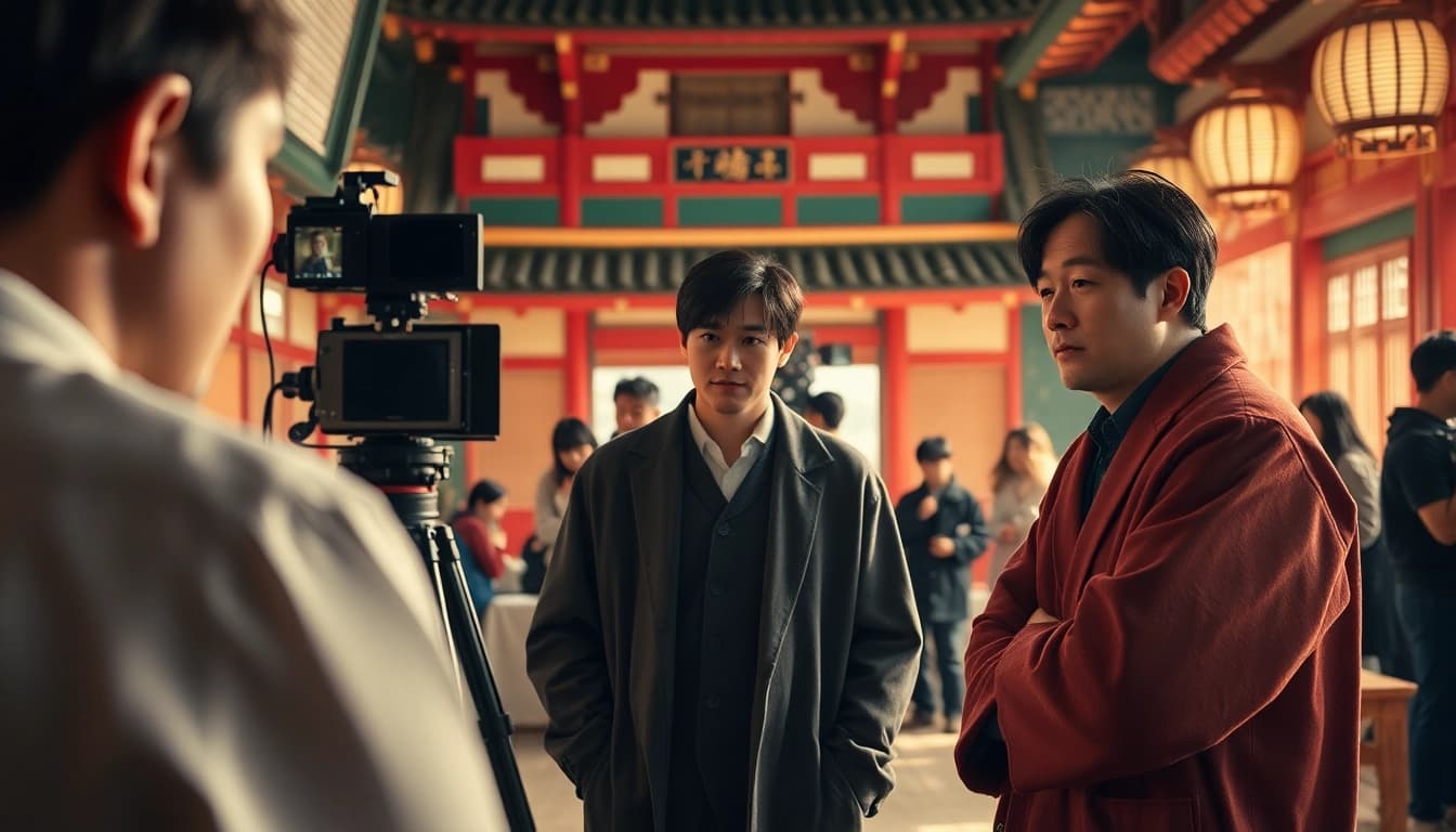 Menggambarkan karakter film semi jepang yang beraksi di set produksi.