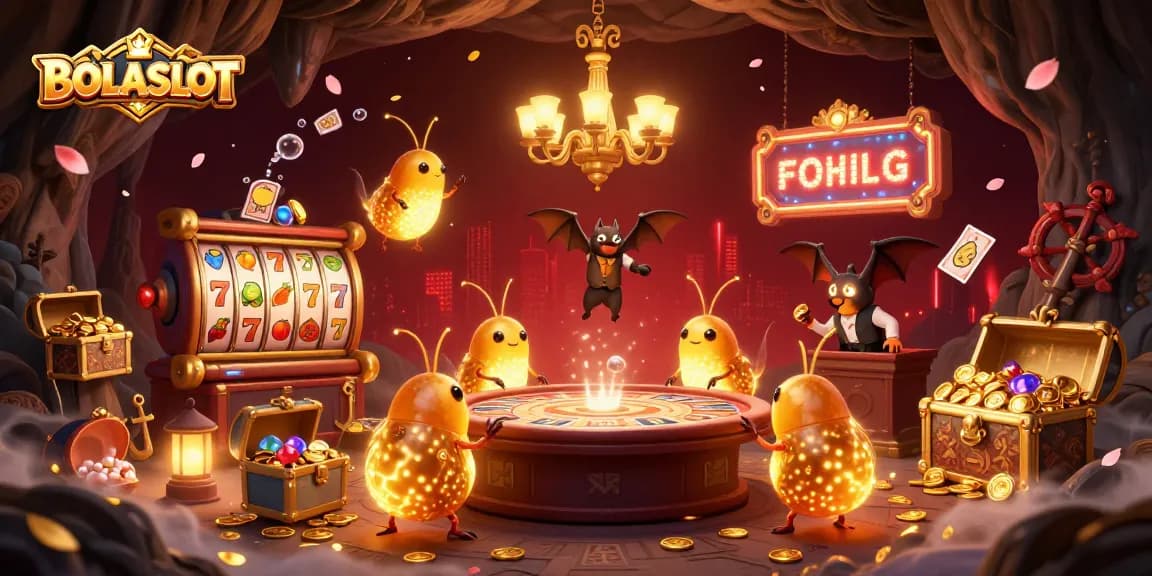 BOLASLOT offers an enchanting gaming experience with a vibrant cave casino, highlighting spinning slot reels and captivating glowworms.