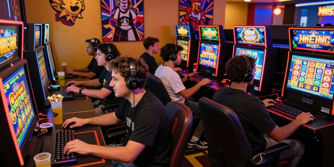Engaged players celebrating wins while playing slot games online in a vibrant gaming environment.