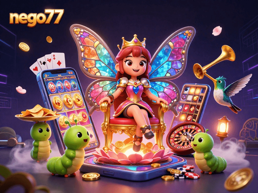 Place bets and maximize winnings with nego77's vibrant casino experience featuring a butterfly queen and games.