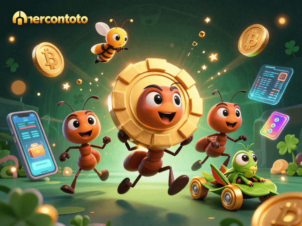 Mercontoto menghadirkan semangat perjudian dengan karakter semut membawa chip poker sambil dikelilingi elemen kripto.