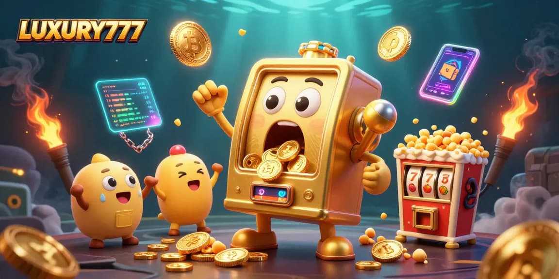 Permainan slot LUXURY777 dengan mesin slot emas yang terkejut melihat koin berjatuhan.