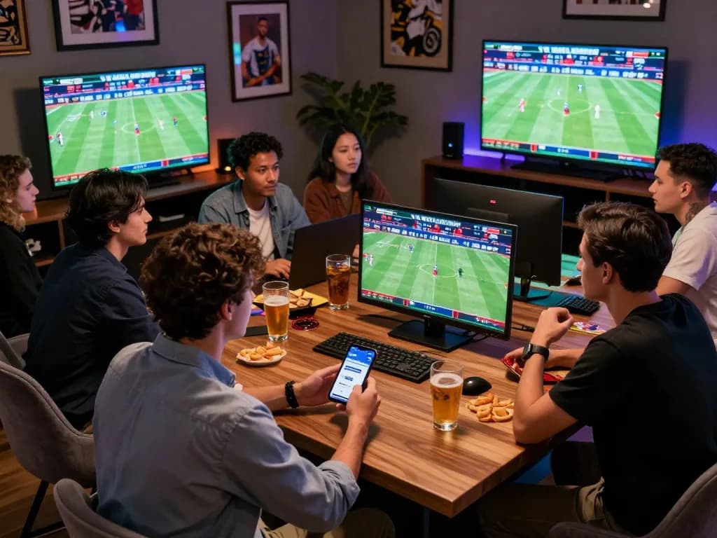 Man enjoying sports betting with the uu88 link on his smartphone, surrounded by friends and vibrant atmosphere.