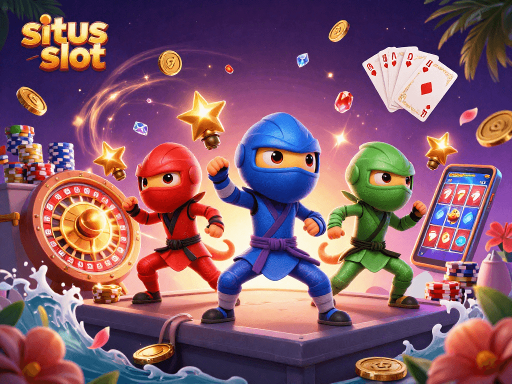 Synchronized chameleon ninjas celebrating on a situs slot rooftop, surrounded by coins and cards