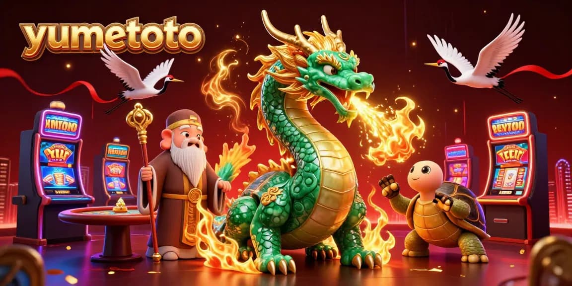 Experience thrilling gameplay at yumetoto with a dynamic casino scene featuring a jade dragon, turtles, and cranes.