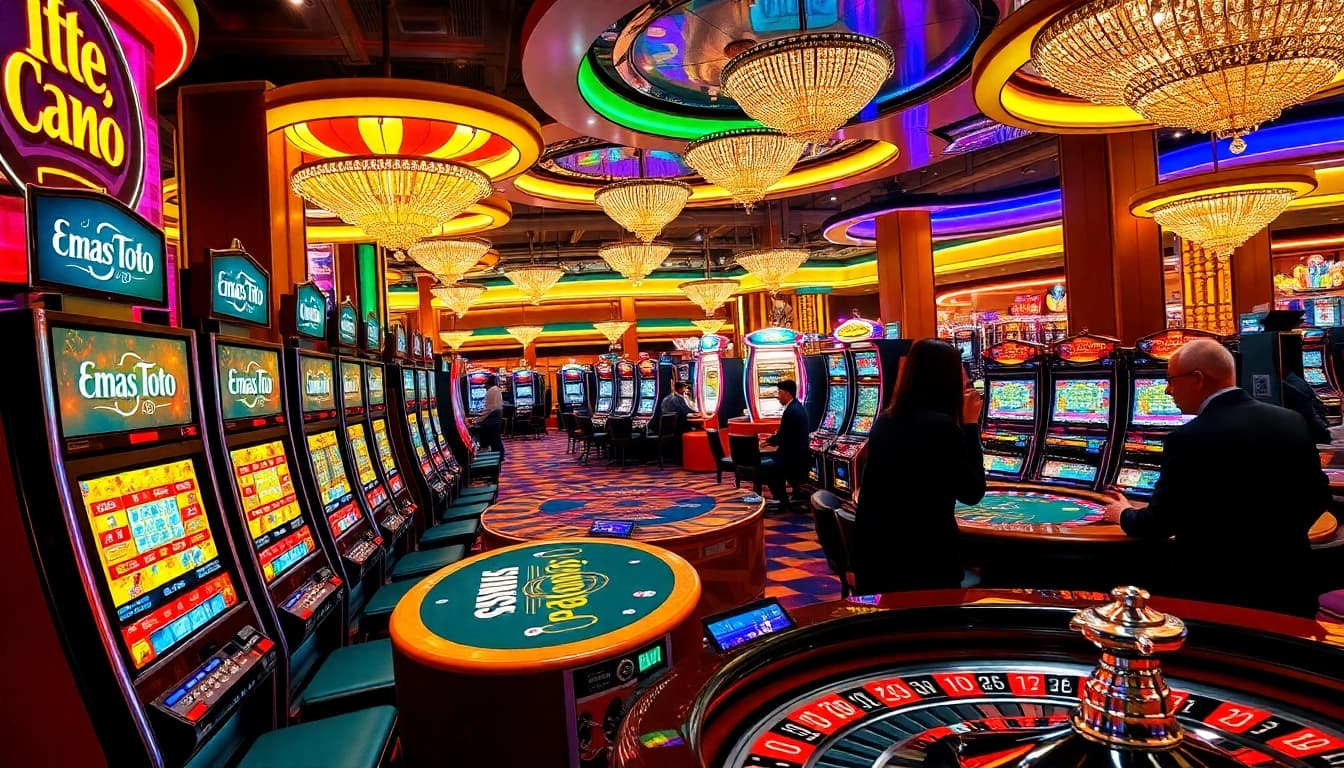 Rasakan permainan Emas Toto dalam suasana kasino yang meriah dengan mesin slot dan meja poker.