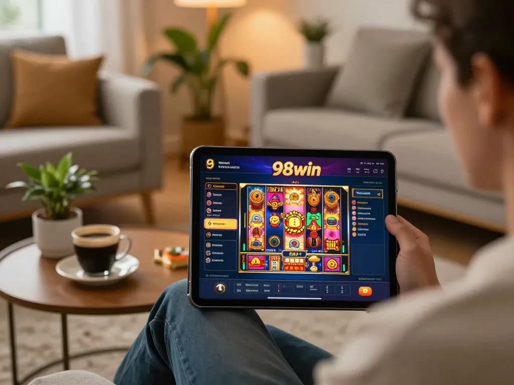 Engaging gameplay at 98win with cozy home setup, showcasing strategic online gambling experience.
