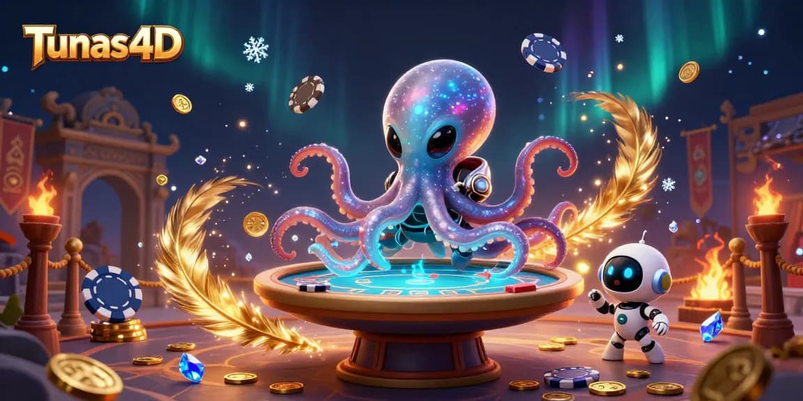 Tunas4D showcases an alien octopus playing poker in a cosmic casino scene amidst vibrant casino elements.