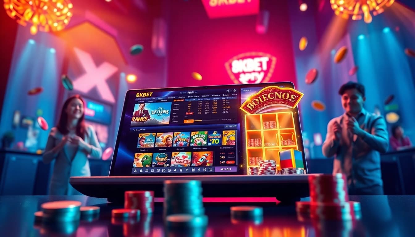 Experience thrilling online gaming with 8KBET's dynamic interface showcasing casino games and sports betting.
