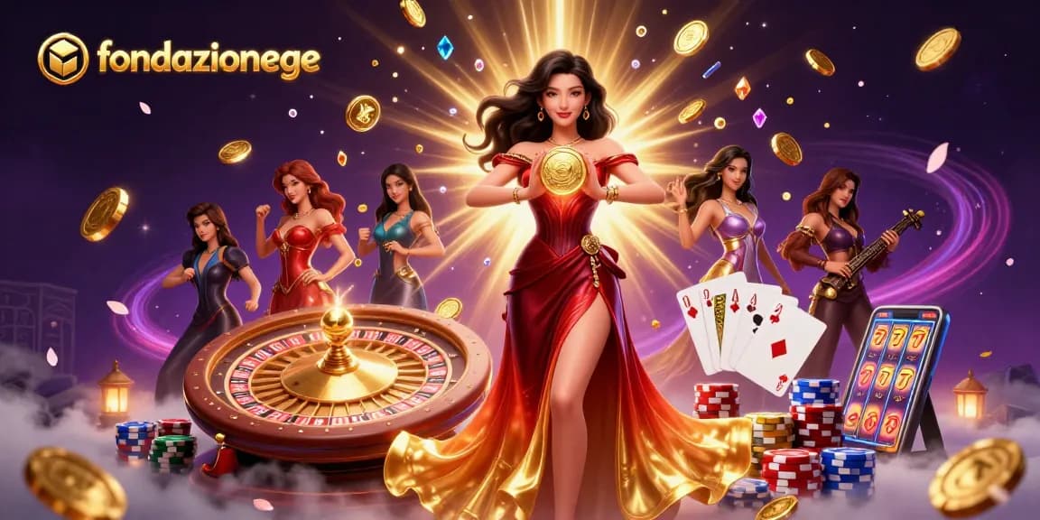 Experience thrilling gaming at fondazionege with a stunning Asian woman symbolically holding a golden coin amidst cascading jewels.
