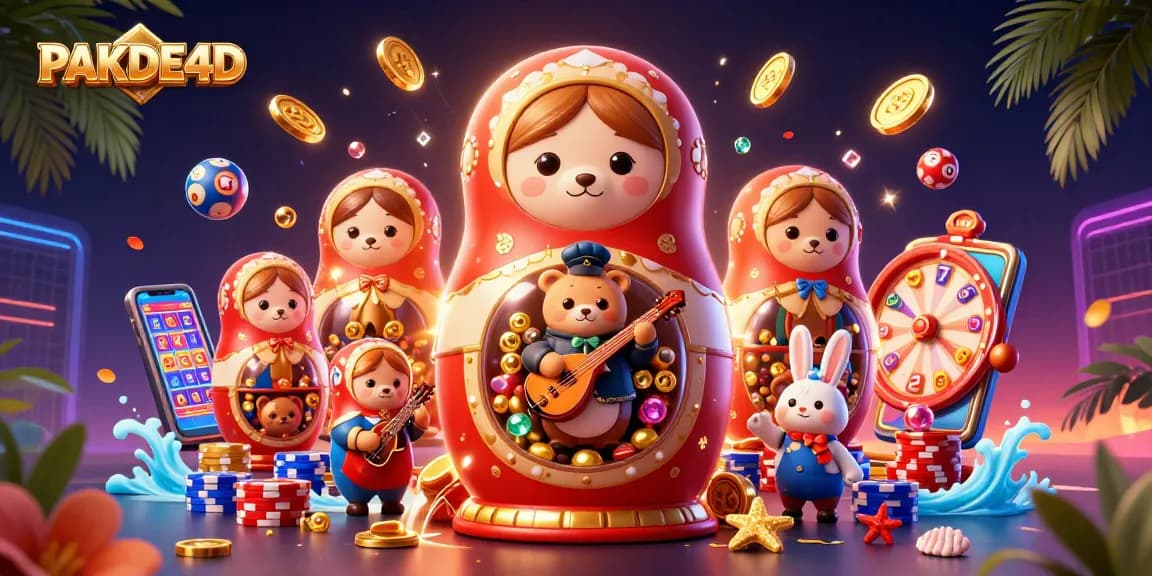 Engaging PAKDE4D illustration showcasing playful characters amidst dazzling casino elements and lottery excitement.
