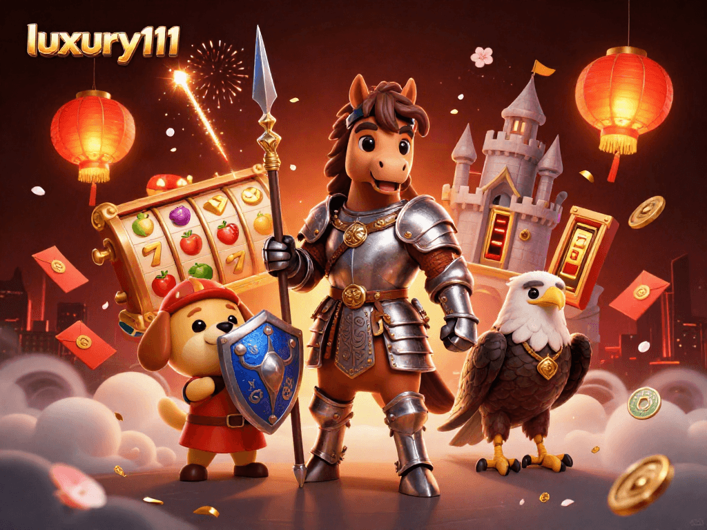 luxury111 illustrated scene with a medieval knight, squire puppy, and falcon surrounded by slot game elements