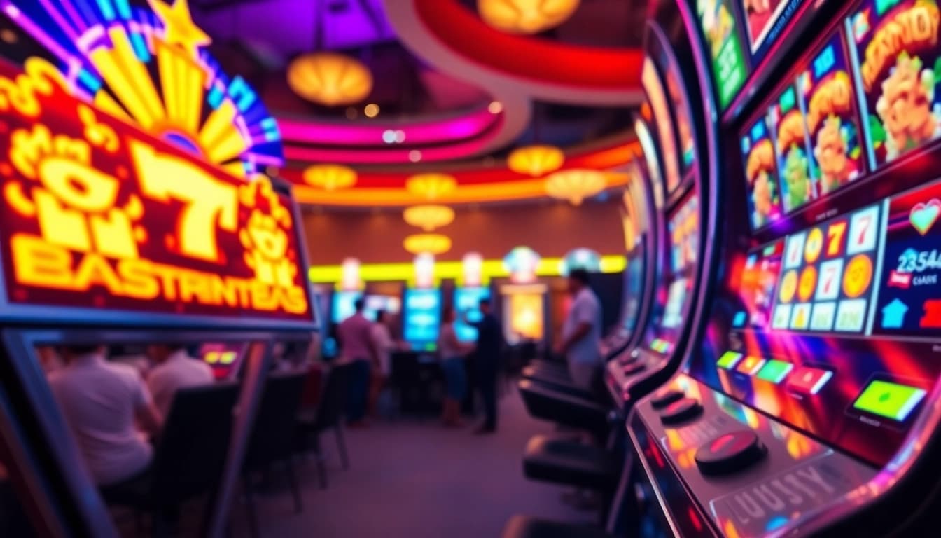 Slot mesin kasino yang memukau dengan koin yang berkilauan dan pemain yang bahagia.