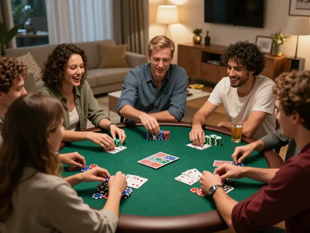 Engaged friends enjoying a poker night at home, highlighting situs toto ambiance and camaraderie in gaming.