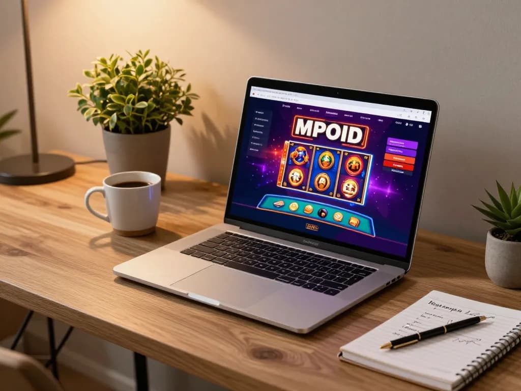 Engaging online gaming experience featuring MPOID platform on laptop with vibrant slot game graphics.