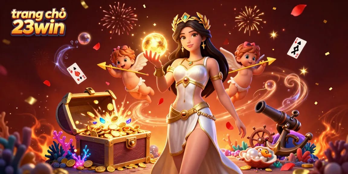 Experience the excitement at trang chủ 23win with a vibrant 3D casino scene filled with games and celebration.