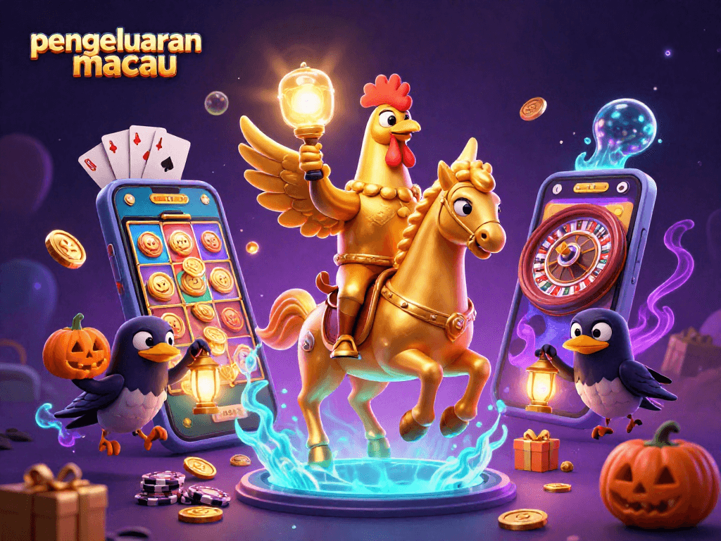 Menggambarkan pengeluaran macau dengan permainan slot berputar dan karakter unggas di kasino misterius