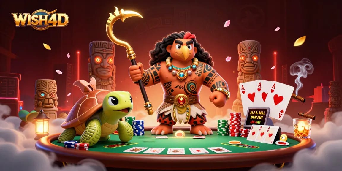 WISH4D menawarkan ilustrasi kasino yang memukau dengan dewa Maui, chip poker, dan suasana yang kaya.