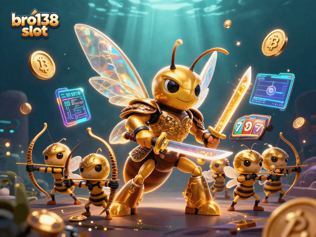 Engage with bro138 slot through a vibrant scene featuring animated characters, crypto elements, and slot symbols.