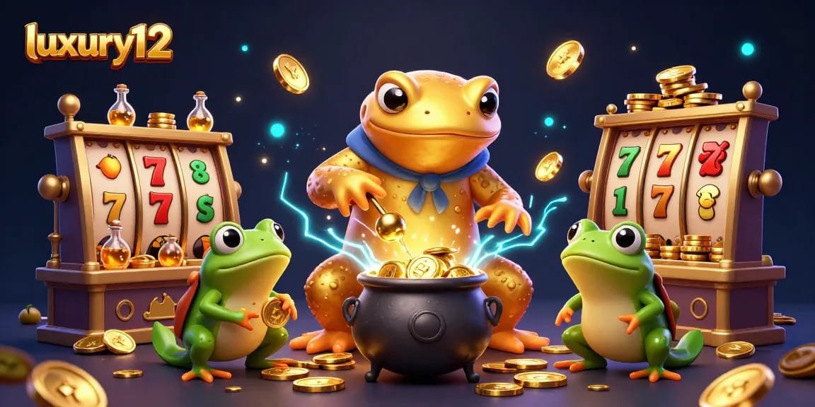 A vibrant scene illustrating luxury12 where a golden salamander alchemist creates wealth with slot reels and glowing treasures.