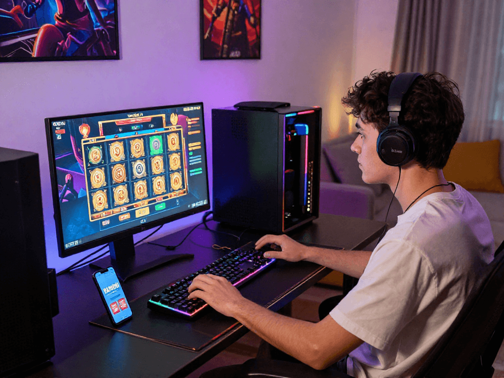 Immersive gaming atmosphere showcasing a player enjoying situs slot terbaru on a vibrant desktop setup.