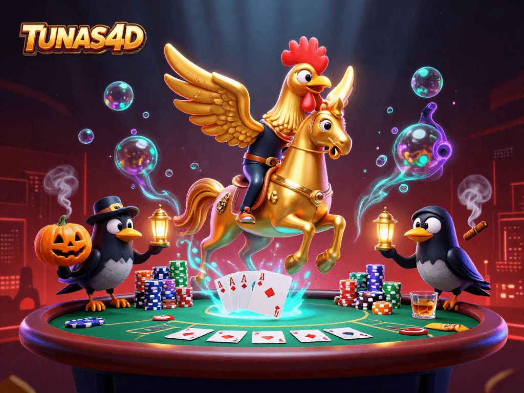 TUNAS4D showcases a dynamic casino scene with a golden rooster and poker elements.