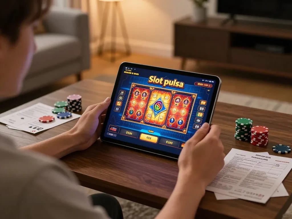 Engaging player enjoying Slot pulsa games on tablet in cozy home setting