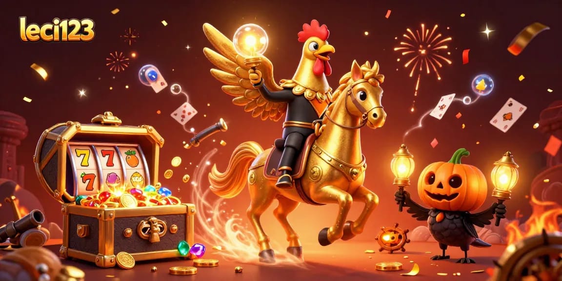 Memenangkan slot dengan leci123, ilustrasi kasino menarik dengan elemen permainan yang ceria.