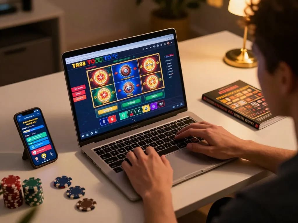 Engaged player enjoying TR88 online casino with colorful slot games and live dealer action.