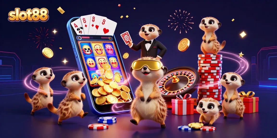 Catch the excitement of slot88 as meerkats manage a vibrant casino scene with slot games and coins